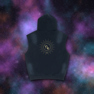 Capricorn Zodiac Sunburst Sleeveless Hoodie – Snow Wash