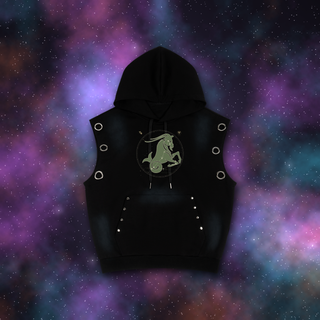 Capricorn zodiac sleeveless hoodie on deep-space background