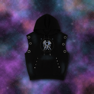 Gemini zodiac sleeveless hoodie on deep-space background