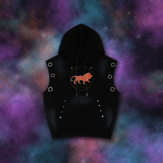 Leo zodiac sleeveless hoodie on deep-space background