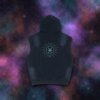 Pisces Zodiac Sunburst Sleeveless Hoodie – Snow Wash