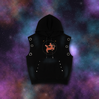 Sagittarius zodiac sleeveless hoodie on deep-space background