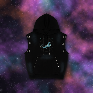 Scorpio zodiac sleeveless hoodie on deep-space background
